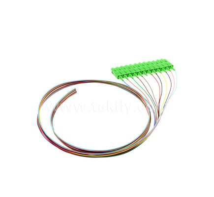 SC/APC Ensemble de pigtail en fibres optiques 12 couleurs codé par couleur pour faciliter l'identification, connecté d'une extrémité à l'autre, en fibres nues d'une extrémité à l'autre, destiné aux boîtes de terminaison, à l'épissage et à la connexion d'équipements